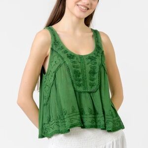 Green Embroidered Cotton Camisole Tank Top - Women